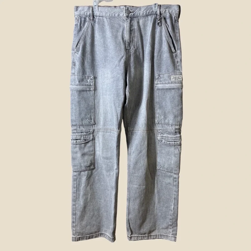 PacSun Baggy Cargo Jeans 34x32 Grey Denim Skater Gorpcore Y2K Streetwear Pant